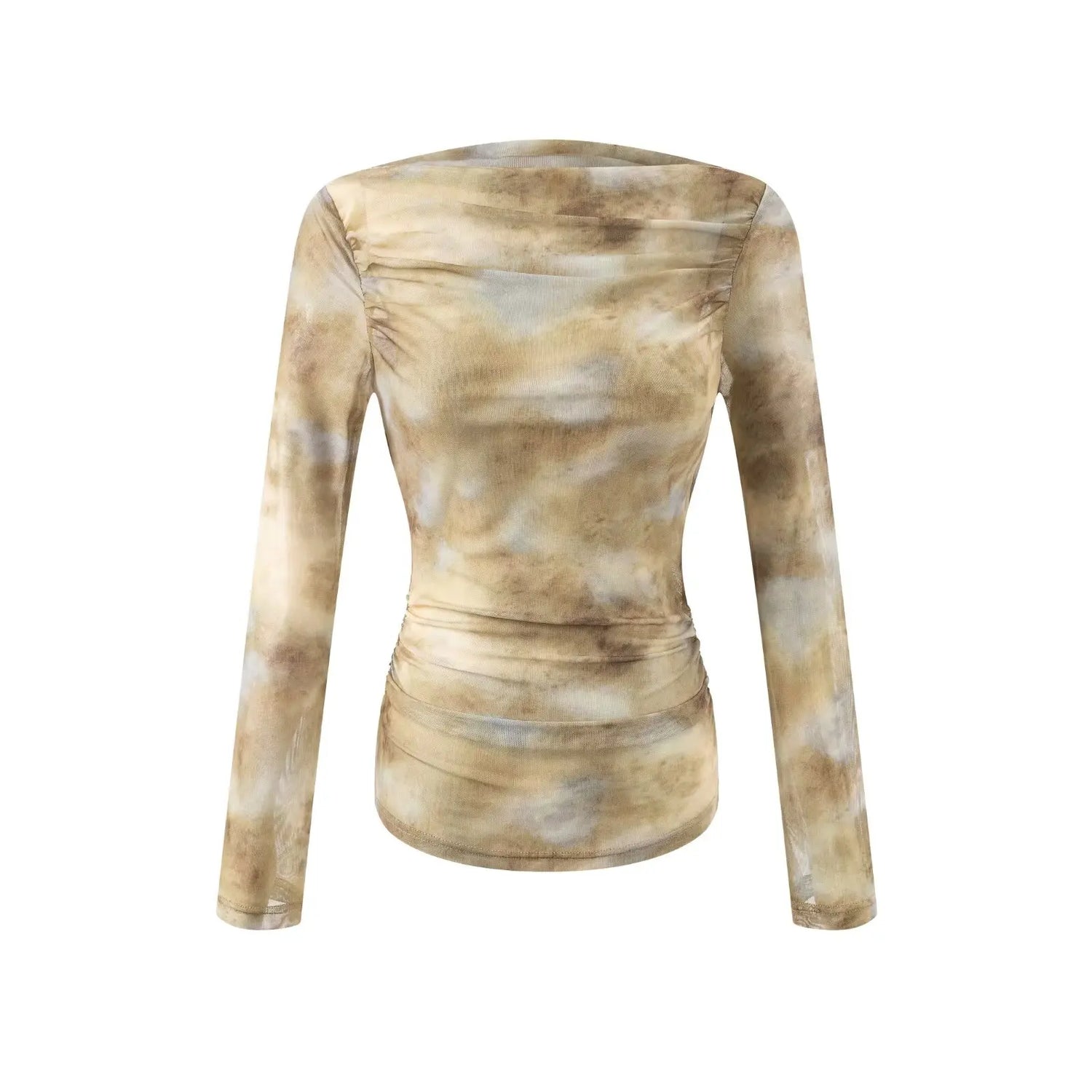 2025 Sexy Tie-Dye Print Ruched Shoulder T-Shirt for Women, Slim Fit Pleated Waist &amp; Full Sleeve Tee (Character Count: 78)