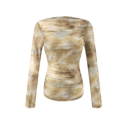 2025 Sexy Tie-Dye Print Ruched Shoulder T-Shirt for Women, Slim Fit Pleated Waist & Full Sleeve Tee (Character Count: 78)