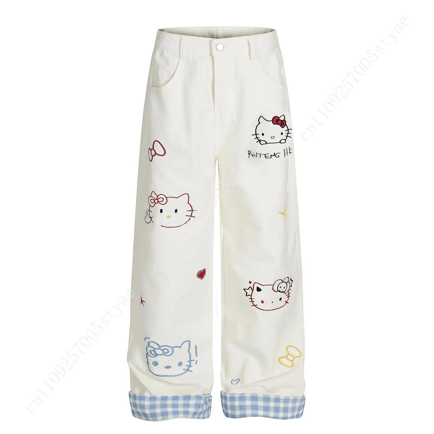 Hello Kitty Jeans Women's Wide Leg Jeans Casual High Waist Baggy Jeans Streetwear Preppy Clothes Pants