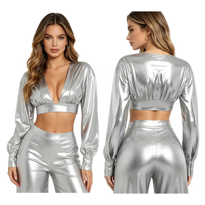 Womens Y2K Metallic Shiny Hip Hop Crop Top Deep V Neck Balloon Long Sleeve Button Cuffs Blouses Tops Disco Party Rock Clubwear