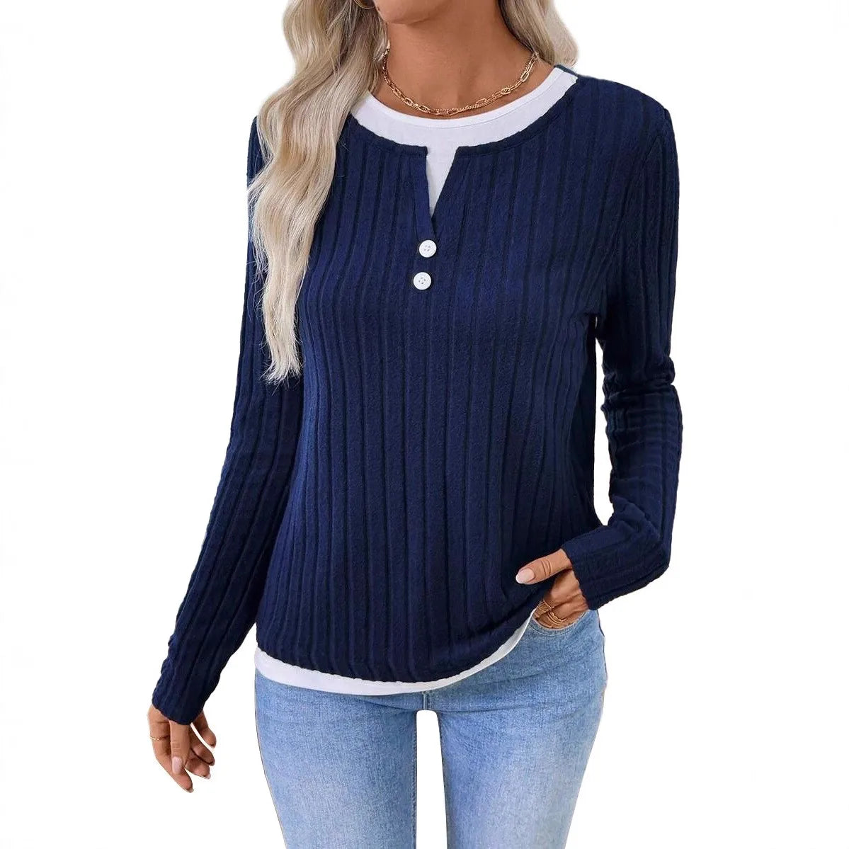 Women' Shirt Longsleeve Round Neck Women T Shirts Ribbed Burgundy Long Sleeve T Shirt Mock Two Piece Black Knit Top