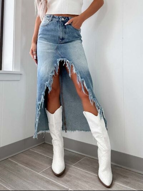 Women's High-Waist Raw Hem Asymmetry Denim Skirt