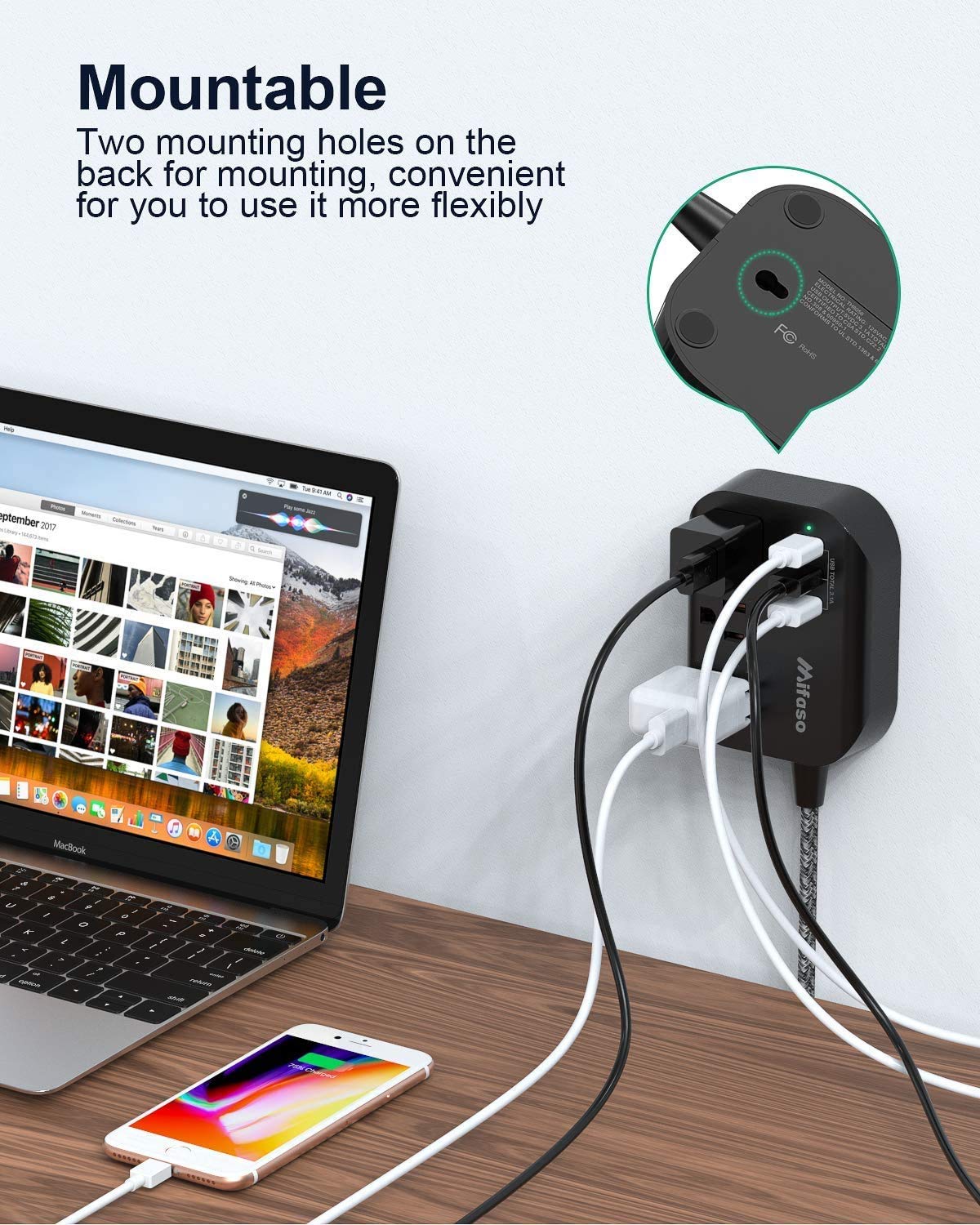 Power Strip w/ Flat Plug, 3 Outlets + 3 USB Ports, 3.1A, 5ft Cord,