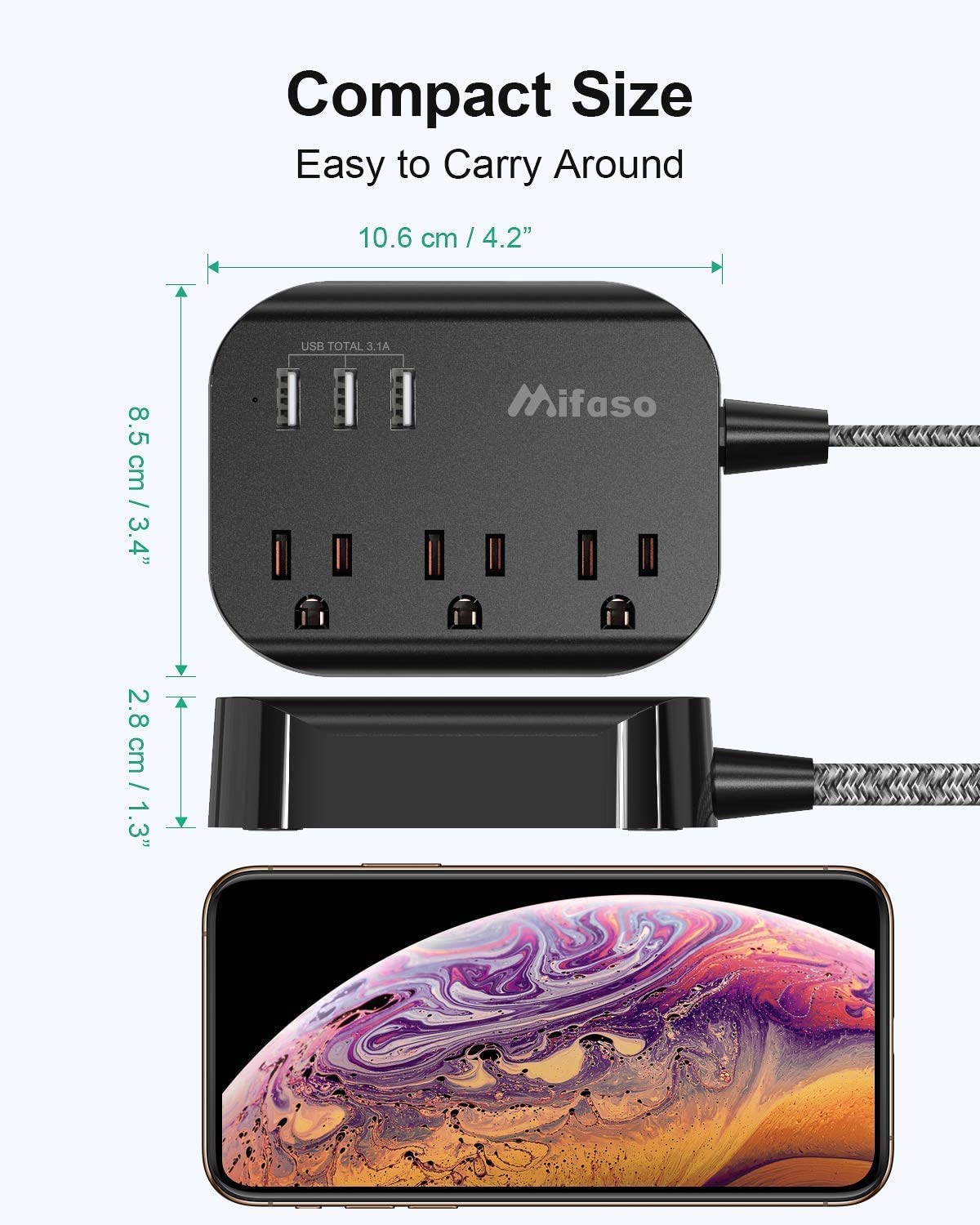 Power Strip w/ Flat Plug, 3 Outlets + 3 USB Ports, 3.1A, 5ft Cord,
