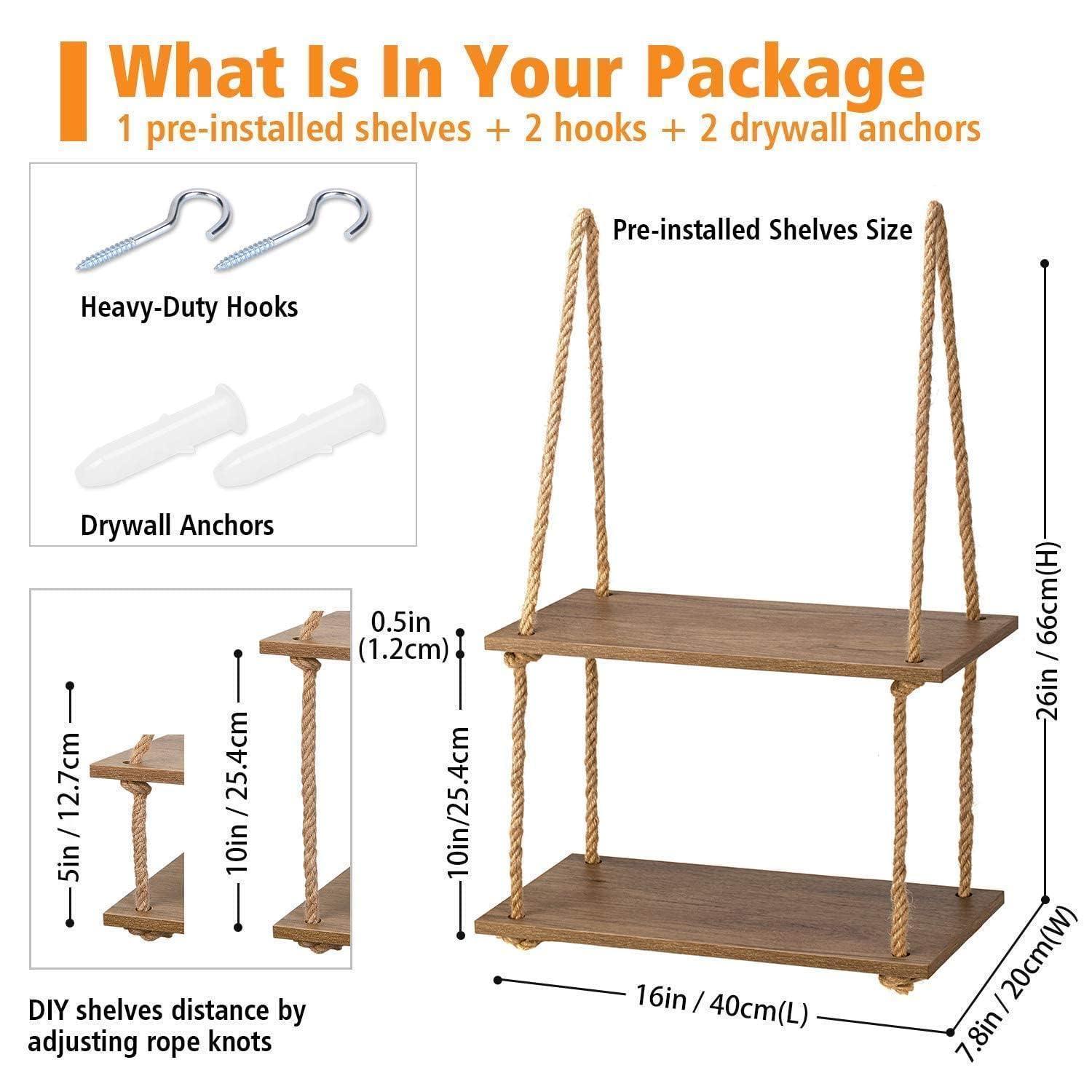 Wood Hanging Shelf Wall Swing Storage Shelves Jute Rope Organizer
