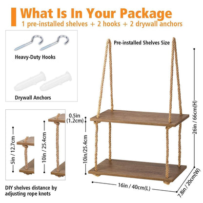 Wood Hanging Shelf Wall Swing Storage Shelves Jute Rope Organizer