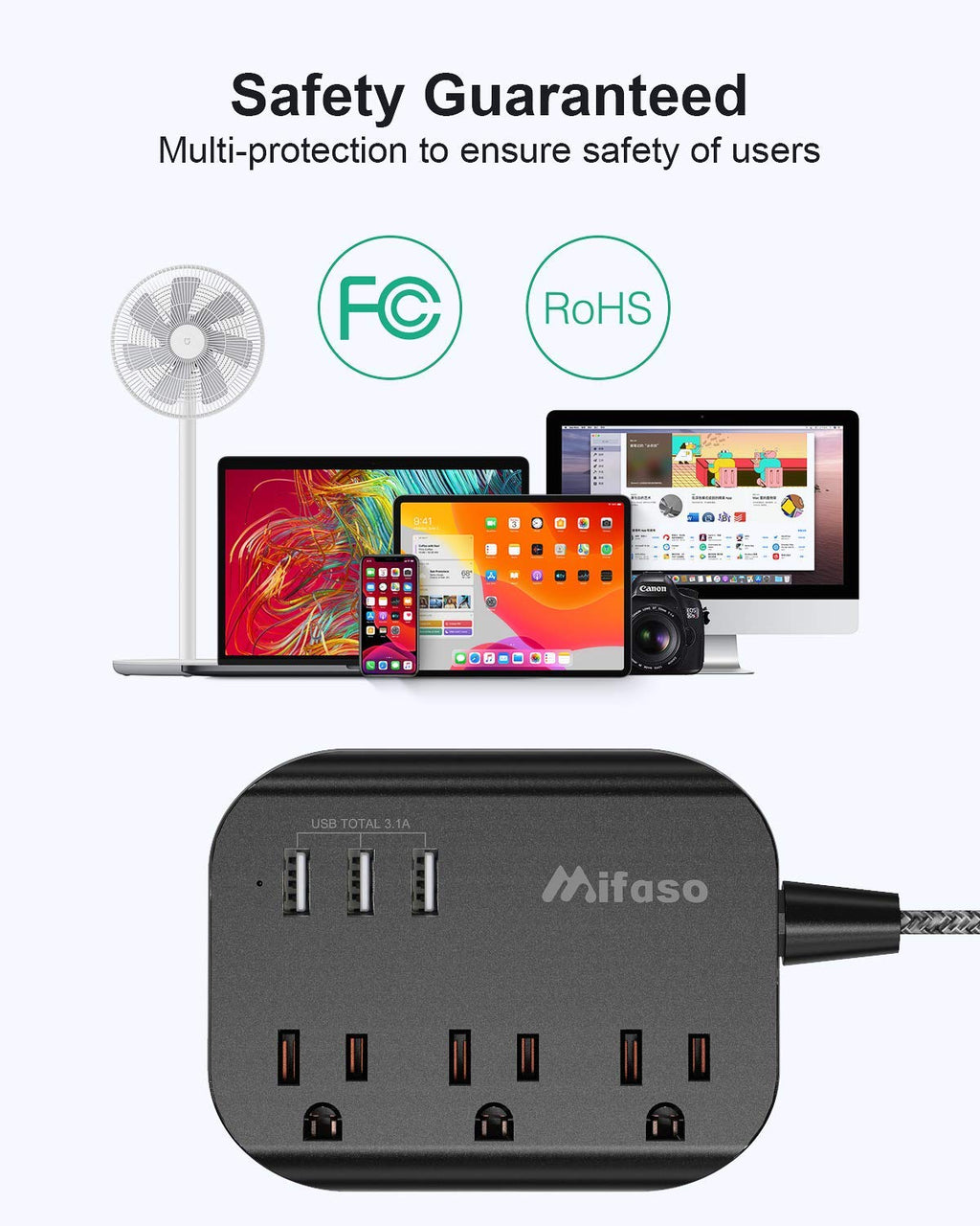 Power Strip w/ Flat Plug, 3 Outlets + 3 USB Ports, 3.1A, 5ft Cord,