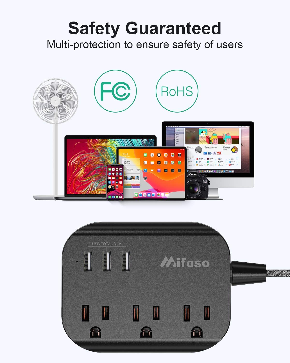 Power Strip w/ Flat Plug, 3 Outlets + 3 USB Ports, 3.1A, 5ft Cord,