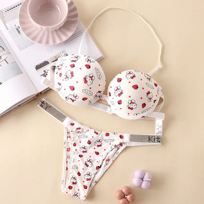 Hello Kitty New Cartoon Strapless Strap-On Bra and Panties Set Low-Waisted T-Pants Rhinestone Letter Panties Cute Sweet Gift