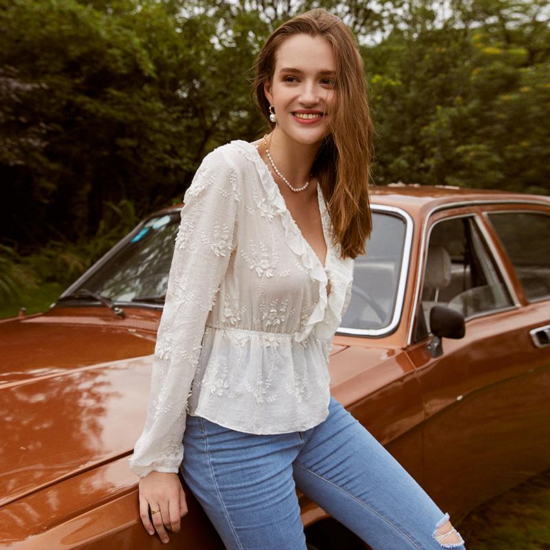 Sexy white pattern ruched women blouse V-neck long sleeves ruffle