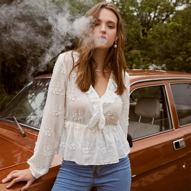 Sexy white pattern ruched women blouse V-neck long sleeves ruffle
