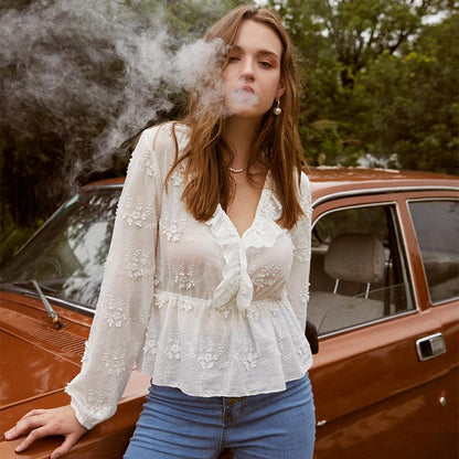 Sexy white pattern ruched women blouse V-neck long sleeves ruffle