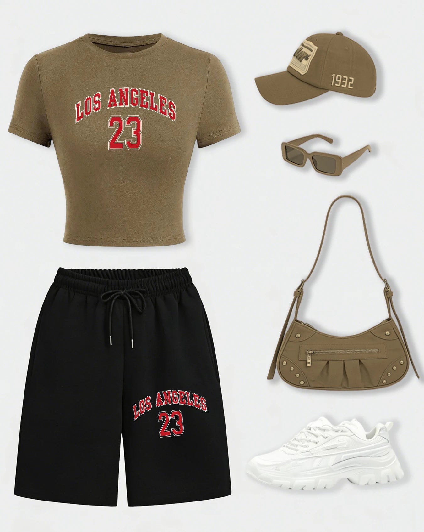 Los Angeles 24 Creative Letter Print T-Shirt Set Women Summer Cotton Crop T Shirt Wide-Leg Shorts Drawstring Pocket Gym Pant