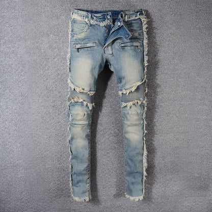 Pear Daisy denim feet moto pants for home and garden, featuring a denim fabric design with moto-style detailing.
