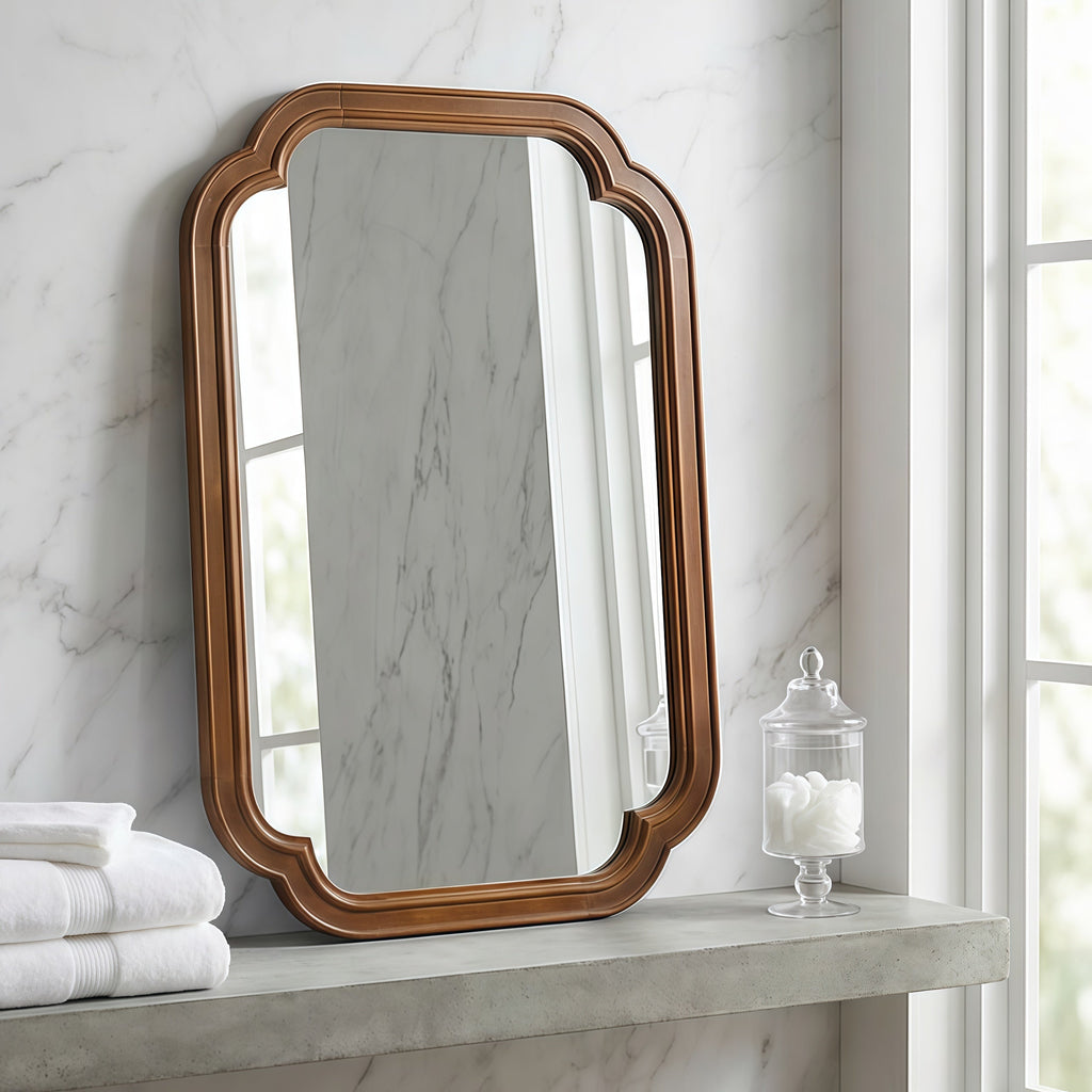 Solid Wood Frame Rounded Corner Decorative Mirror, For Bedroom,