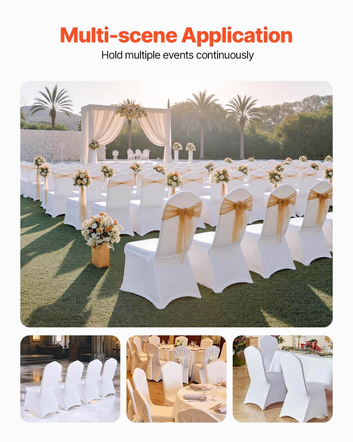 White VEVOR Stretch Spandex folding chair covers, universal fitted protective slipcovers for wedding, party, and banquet chairs.