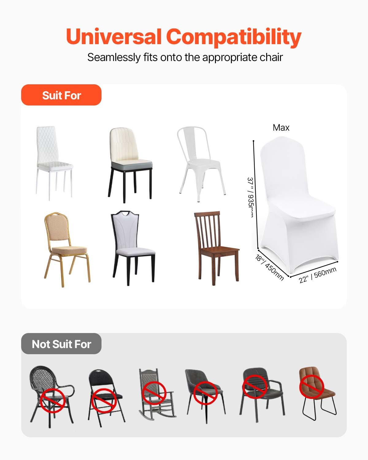 Set of white VEVOR Stretch Spandex folding chair covers on banquet chairs, designed for weddings, parties, and events.