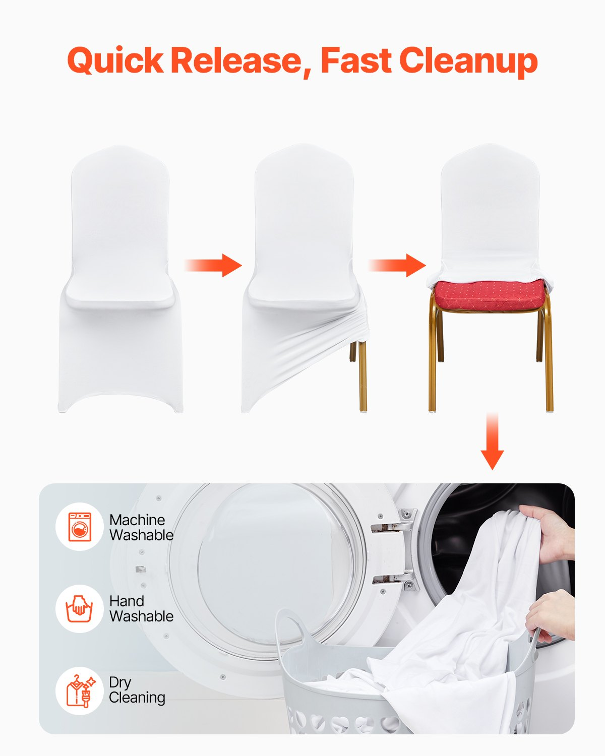 White VEVOR Stretch Spandex folding chair cover on a chair, showing its fitted, washable, and protective design for events.