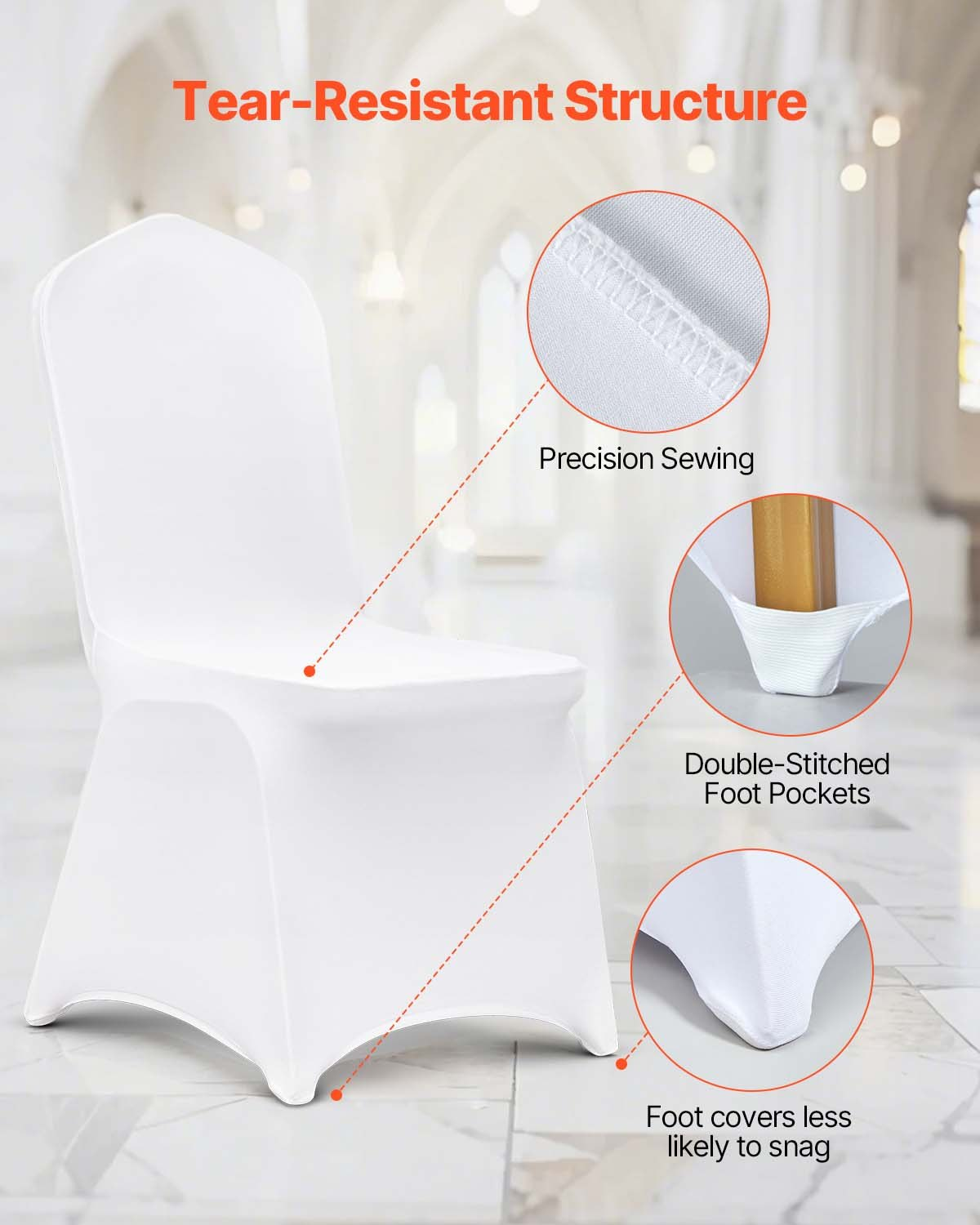 Set of 100 white VEVOR stretch spandex folding chair covers, universal fitted design, washable and protective for events and celebrations.
