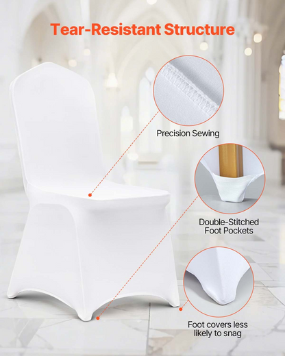 Set of 100 white VEVOR stretch spandex folding chair covers, universal fitted design, washable and protective for events and celebrations.