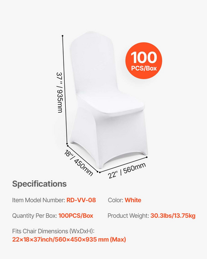 White VEVOR Stretch Spandex folding chair cover fitting a banquet chair, designed for weddings, parties, and events, with a smooth, fitted appearance.