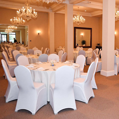 White VEVOR Stretch Spandex folding chair covers on banquet chairs, showing fitted, washable protective slipcovers for events and parties.