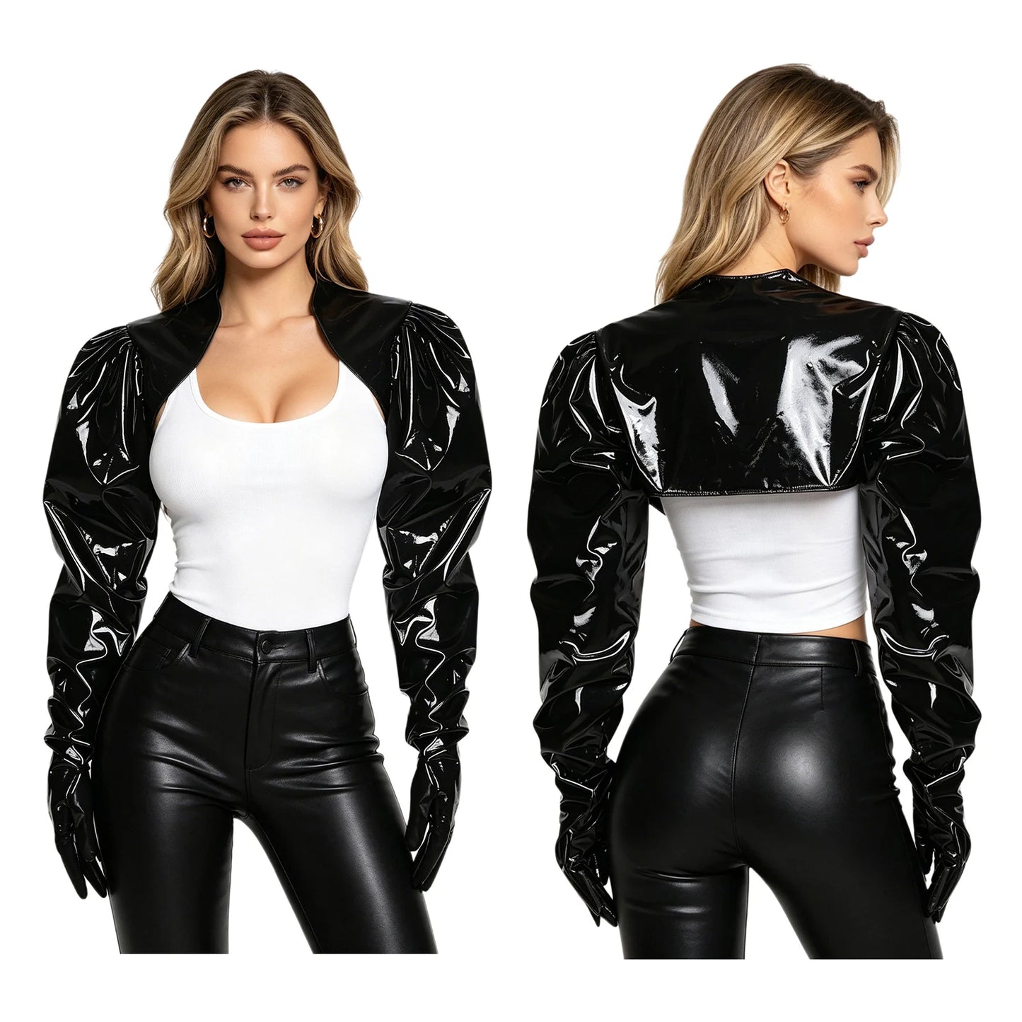 Womens Wet Look PU Leather Cardigan Crop Jacket Puff Loose Long Sleeve Open Front Coat Shrug Shawls with Gloves Party Clubwear