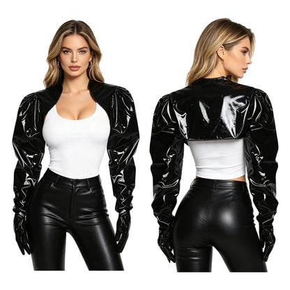 Womens Wet Look PU Leather Cardigan Crop Jacket Puff Loose Long Sleeve Open Front Coat Shrug Shawls with Gloves Party Clubwear