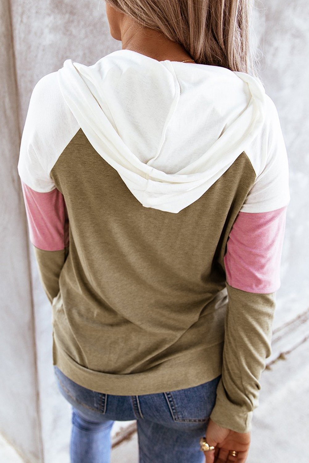 Spliced Sleeve Khaki Hoodie with Pocket