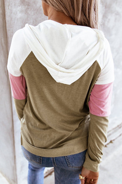Spliced Sleeve Khaki Hoodie with Pocket