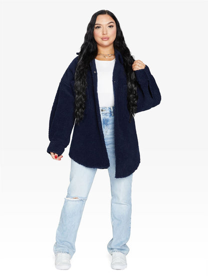 Rose Eleusis oversized patch pocket borg teddy shacket with cozy fleece material, featuring a relaxed fit and front patch pockets.