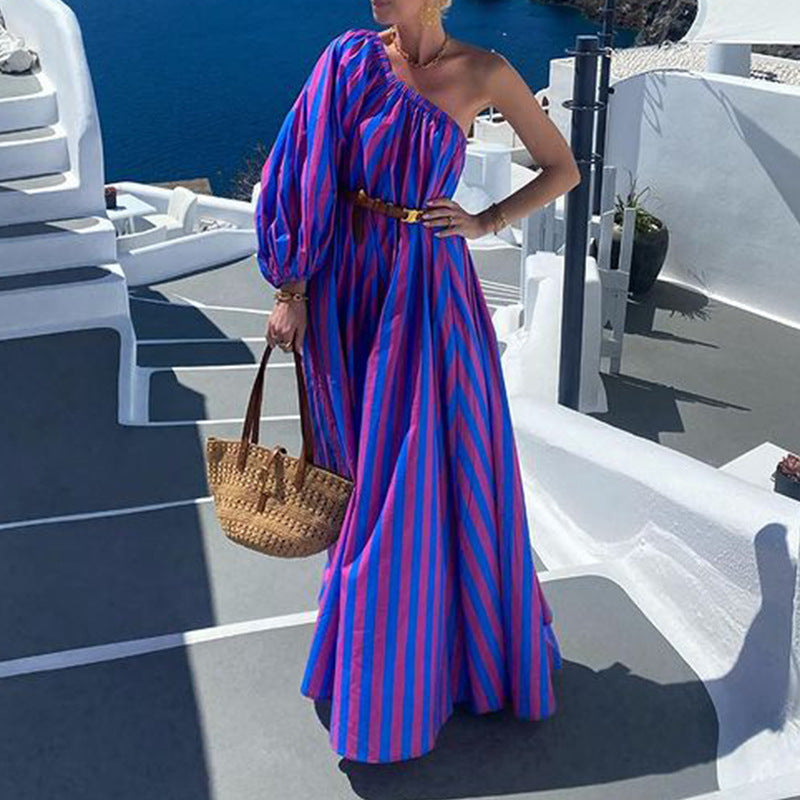 Fashion Personalized Oblique Shoulder Boho Striped Women's Mid-length
