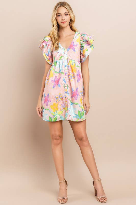 [Size L] Floral Printed Dress in Blush | V Neckline Button Down Mini