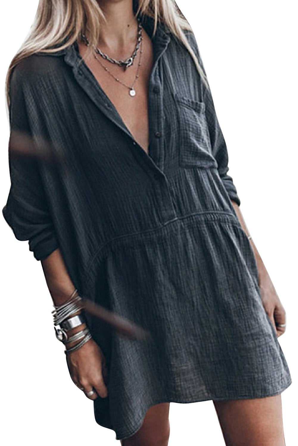 Half Button Pocketed Linen Casual Mini Dress