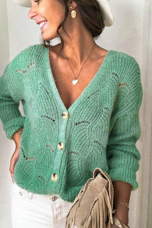 Khaki V Shaped Neckline Buttoned Knit Sweater
