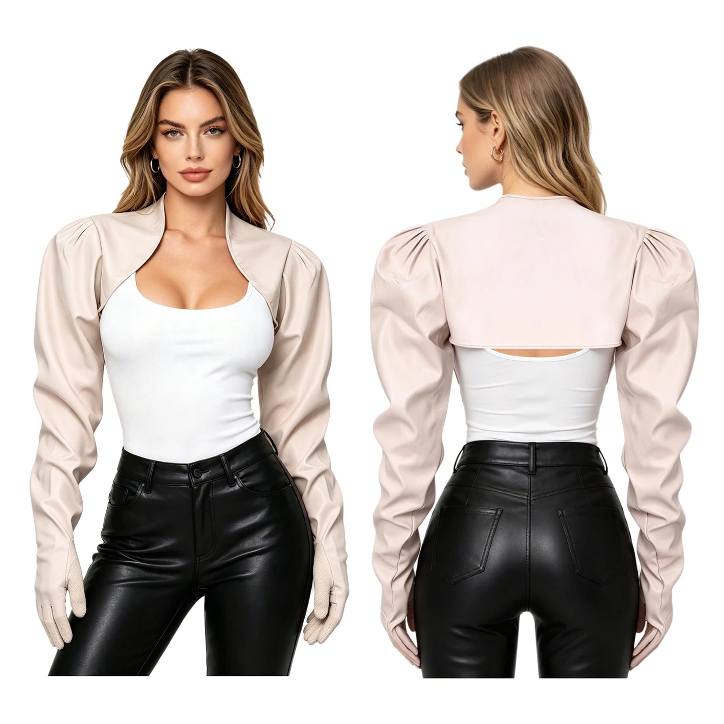 Womens Wet Look PU Leather Cardigan Crop Jacket Puff Loose Long Sleeve Open Front Coat Shrug Shawls with Gloves Party Clubwear