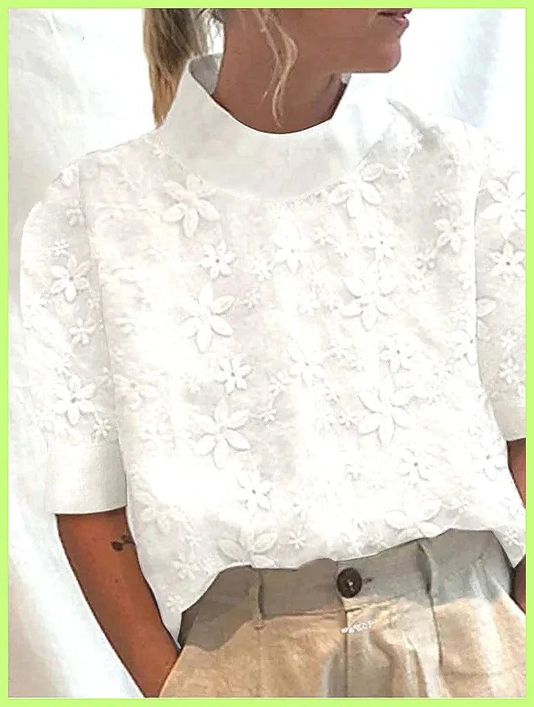 Women's Cotton Linen Pullover Shirt, Elegant Lace Trim Slim Fit Stand Collar Top for Summer Streetwear