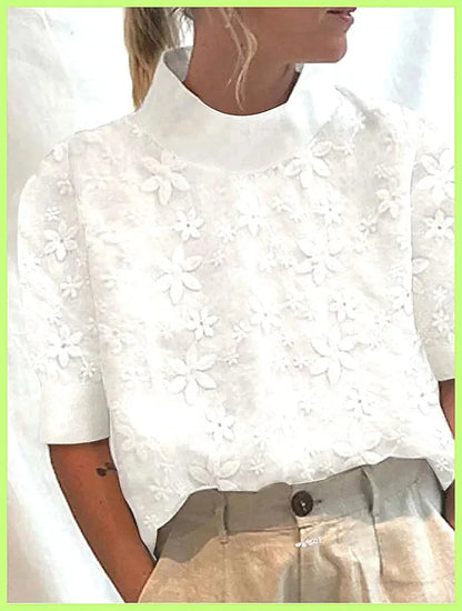 Women's Cotton Linen Pullover Shirt, Elegant Lace Trim Slim Fit Stand Collar Top for Summer Streetwear