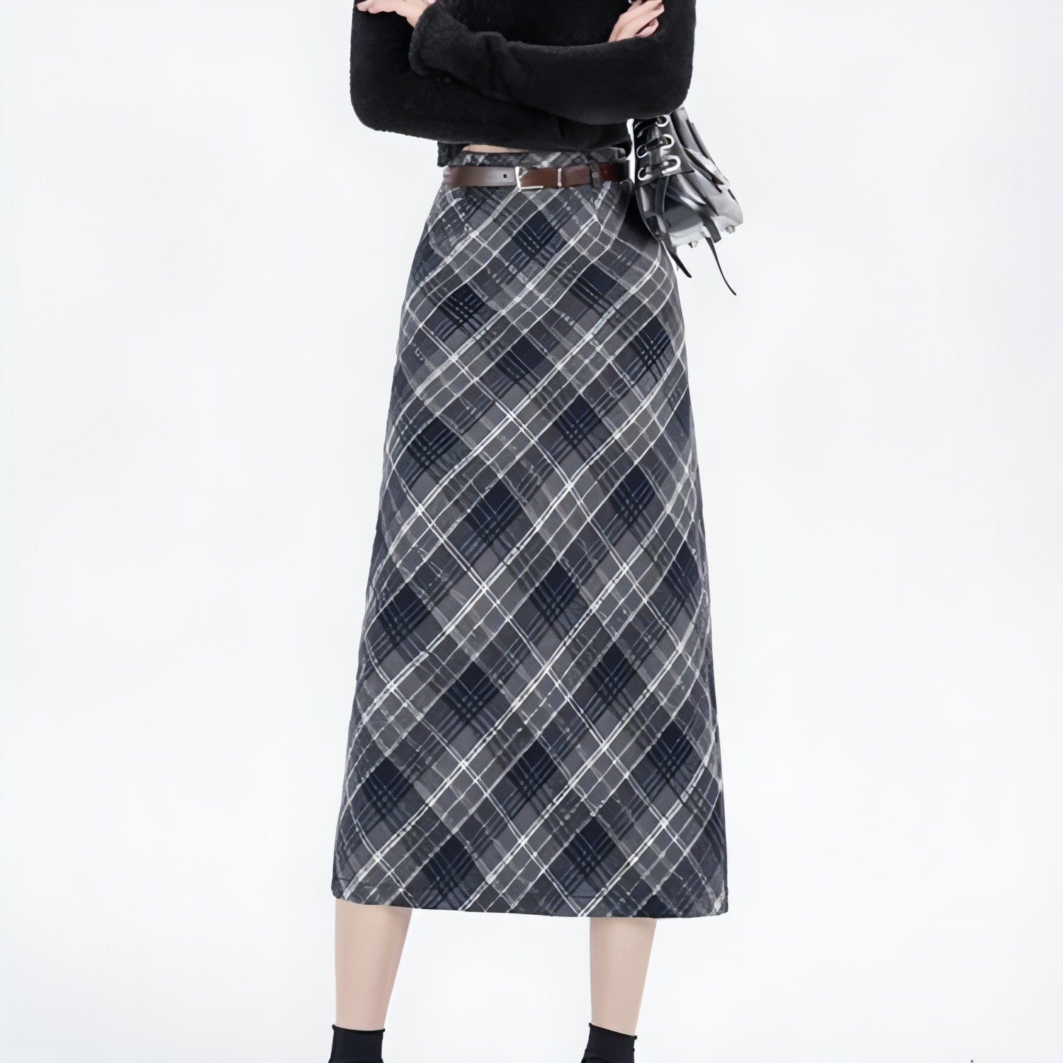 High Waist Mid-length Woolen Plaid Skirt For Women