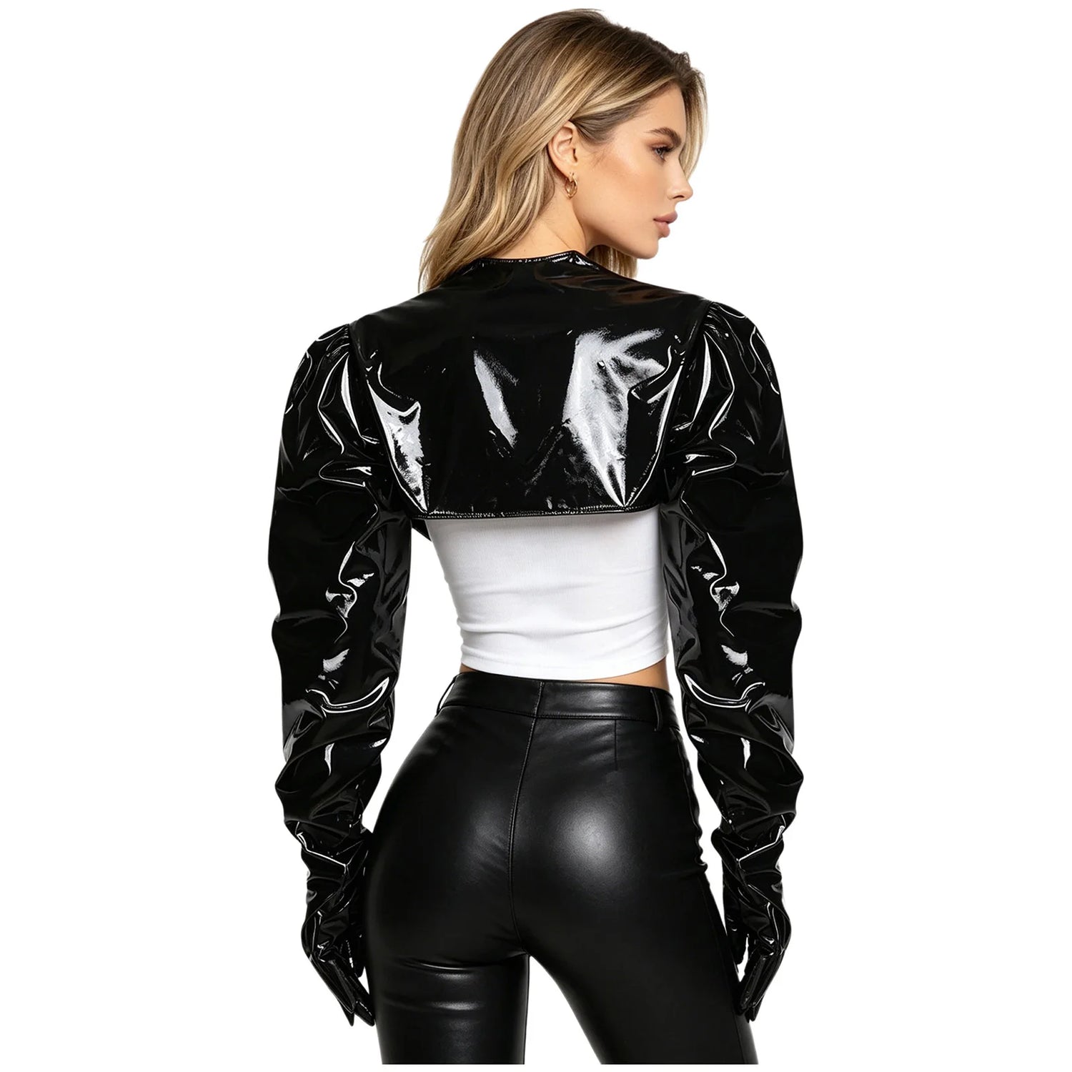 Womens Wet Look PU Leather Cardigan Crop Jacket Puff Loose Long Sleeve Open Front Coat Shrug Shawls with Gloves Party Clubwear