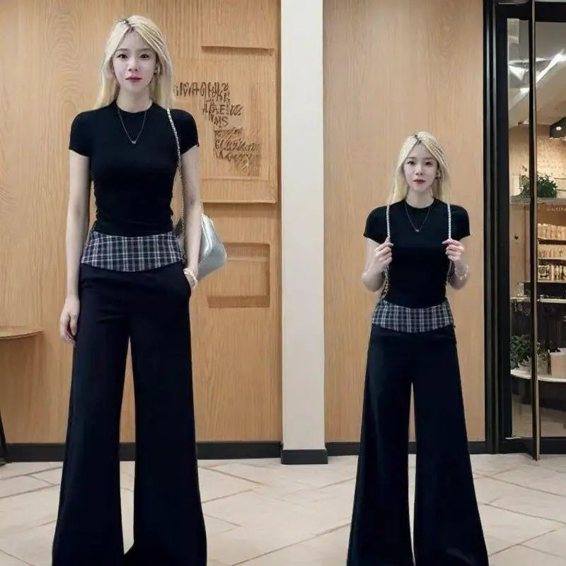 Women's Suit Fashion 2 Piece Set Short Sleeve Top Wide Leg Pants Cotton Women Summer Casual Elegant American Style Premium