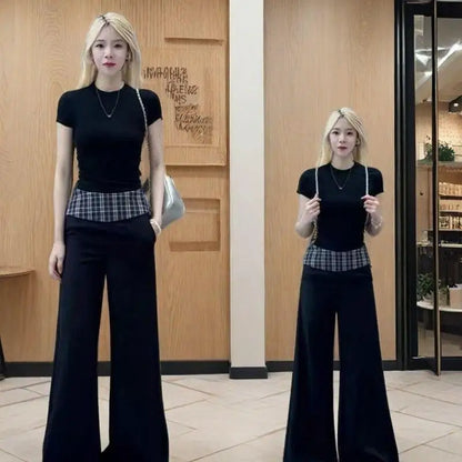 Women's Suit Fashion 2 Piece Set Short Sleeve Top Wide Leg Pants Cotton Women Summer Casual Elegant American Style Premium
