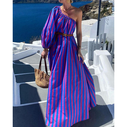 Fashion Personalized Oblique Shoulder Boho Striped Women's Mid-length