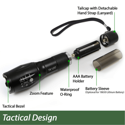Black Lavender EcoGear FX TK120 LED tactical flashlights with strobe mode, designed for camping, shown in a 2-pack.