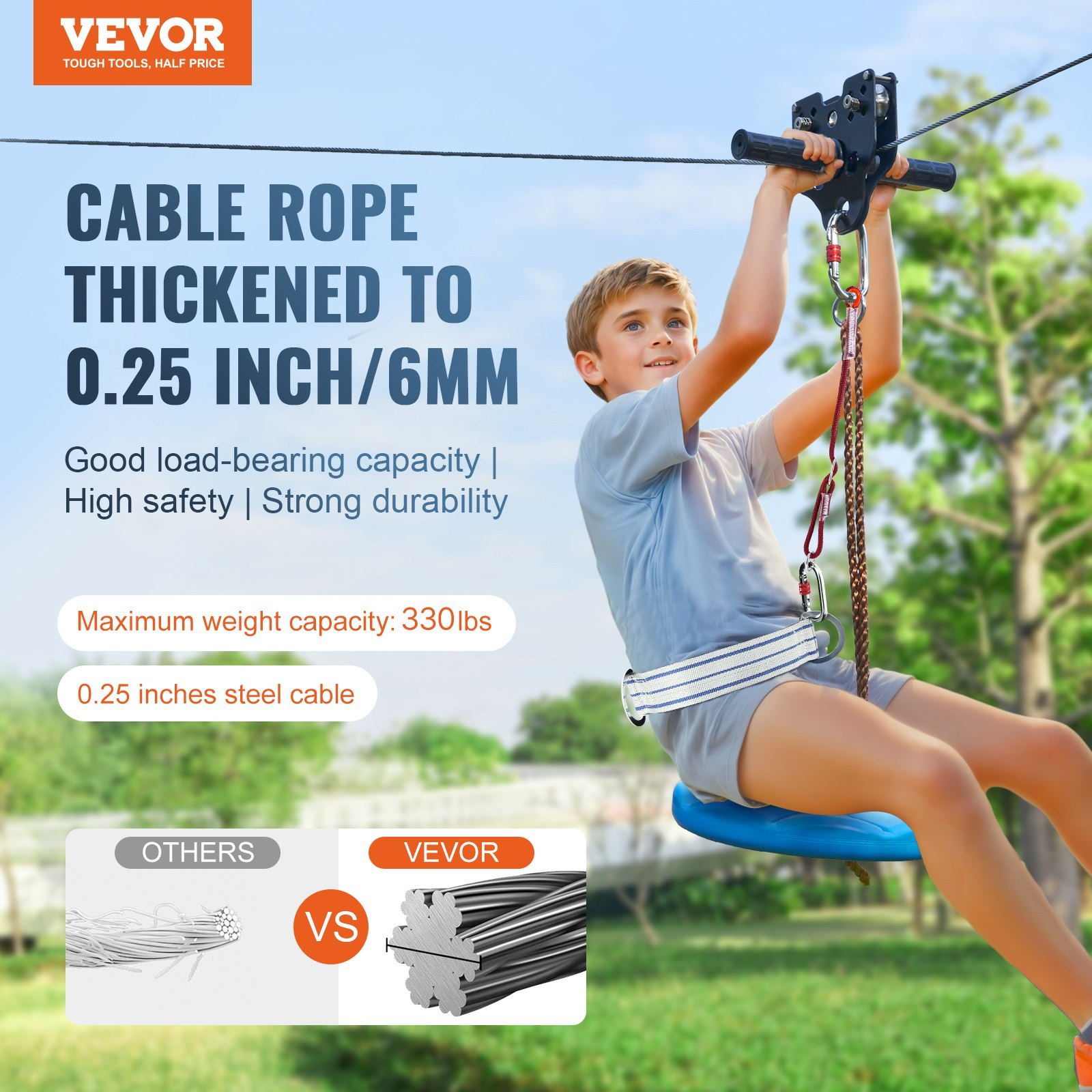 Start2Finish VEVOR zipline kit with stainless steel cable, safety harness, seat, spring brake, and quick setup for kids and adults.