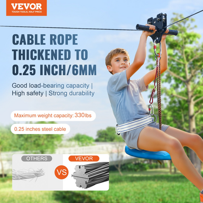 Start2Finish VEVOR zipline kit with stainless steel cable, safety harness, seat, spring brake, and quick setup for kids and adults.