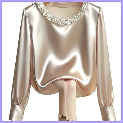 Elegant Beaded Satin Blouse for Women, Loose Fit Long Sleeve Silk Shirt Tops