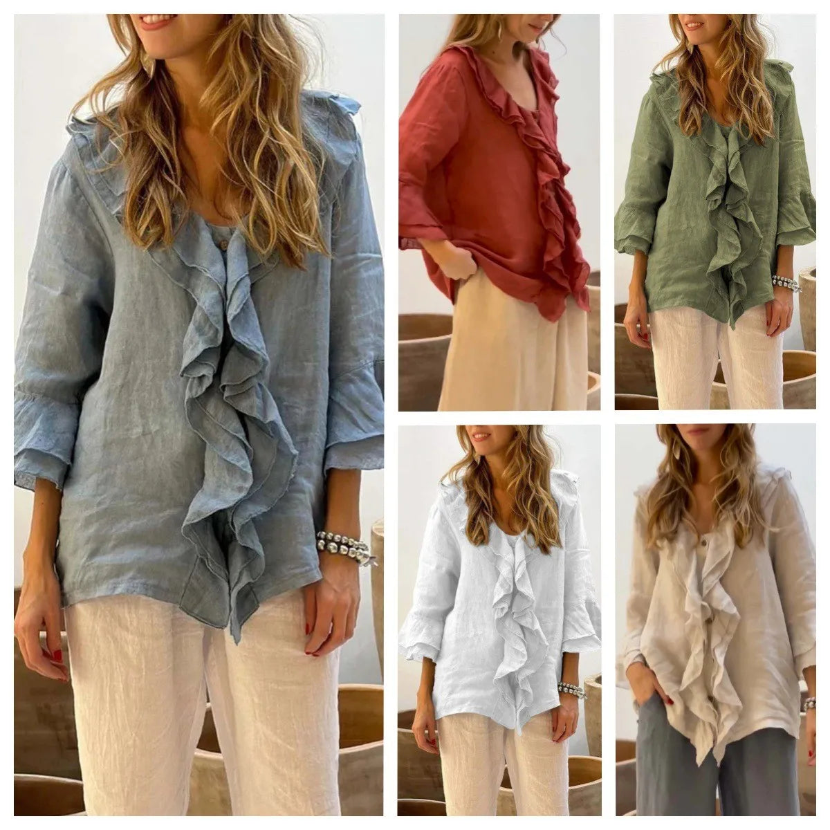 Autumn Women's Clothing Solid Color V Neck Ruffle Trim Button Front Loose Fit Long Sleeve Top For Woman Polyester Casual Blouse