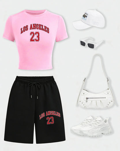 Los Angeles 24 Creative Letter Print T-Shirt Set Women Summer Cotton Crop T Shirt Wide-Leg Shorts Drawstring Pocket Gym Pant