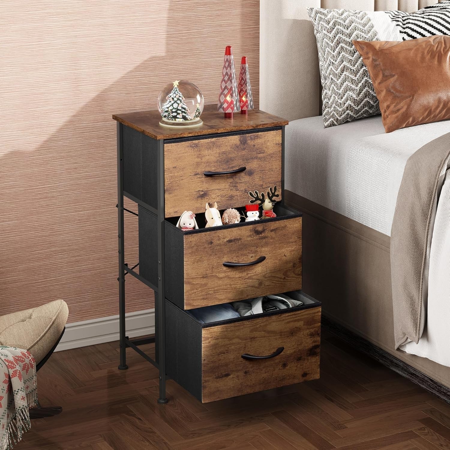 Dresser With 3 Drawers Rustic Brown Wood Grain Finish